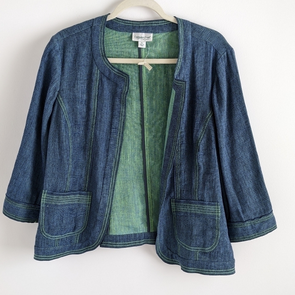 𝅺nwot Coldwater Creek Blue Open Front Cropped Linen Blend Jacket PL